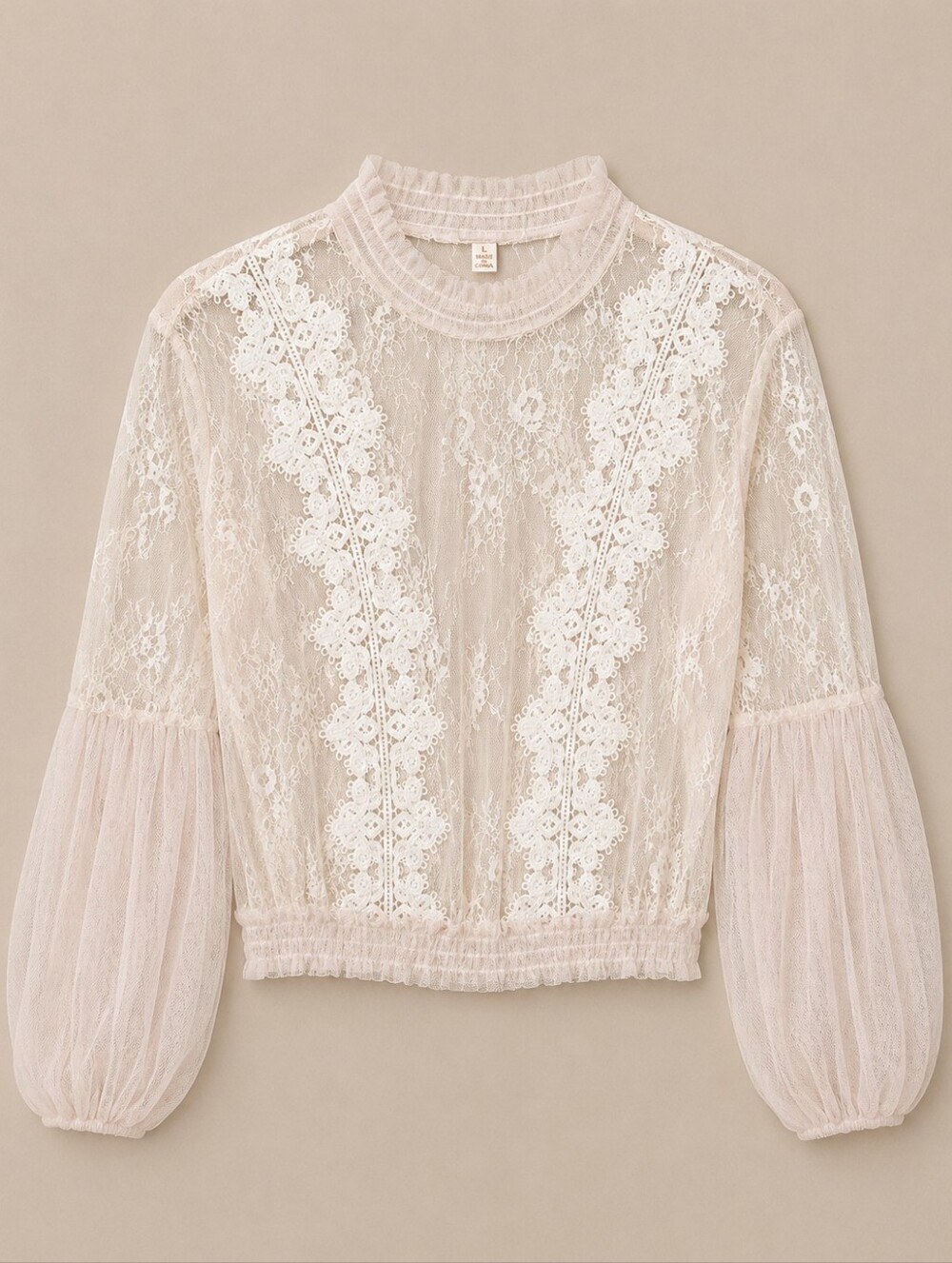 A.Peach Sheer Lace Blouse Top L Cream Mock Neck Balloon Sleeve Romantic Boho - Picture 3 of 12